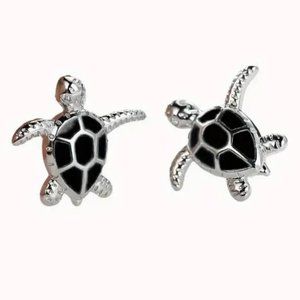 NEW Turtle Earrings Enamel Studs Silver Black Sea Dainty Cute Pierced GIFT